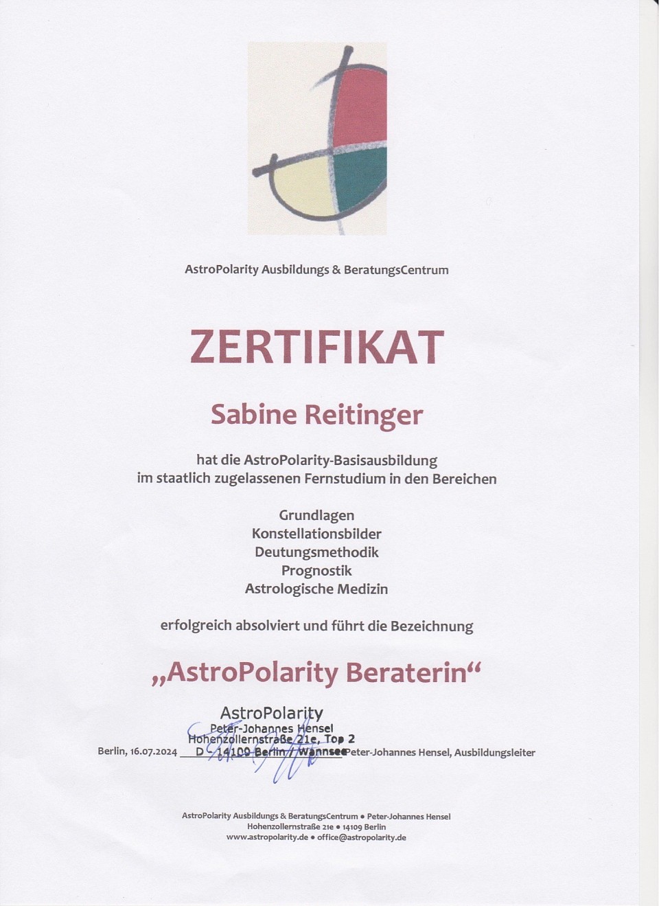 Zertifikat zertifizierte Astrologie-Beraterin astrologische Beratung