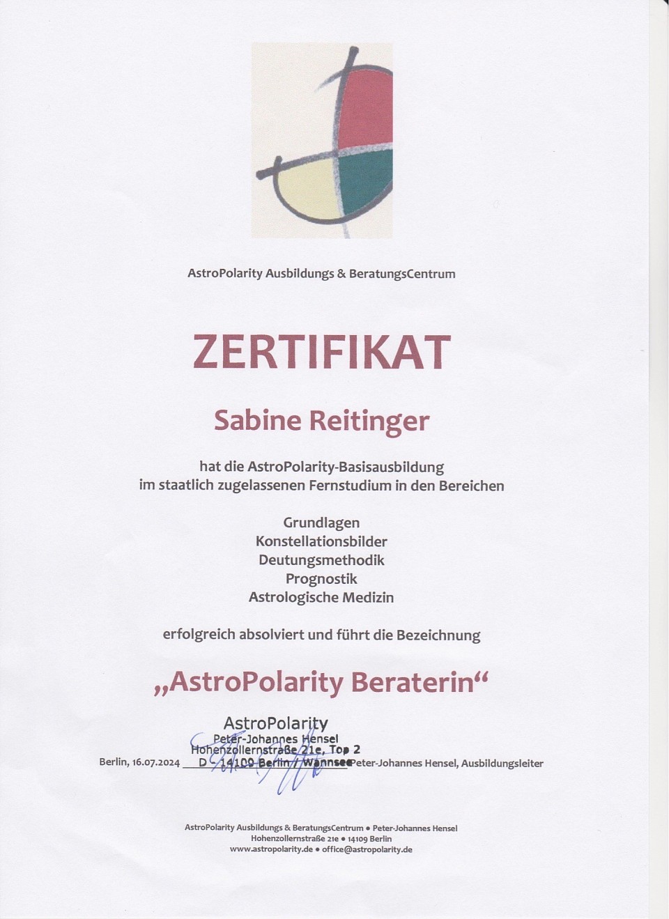 Zertifikat Astrologie AstroPolarity Berater Beraterin zertifiziert